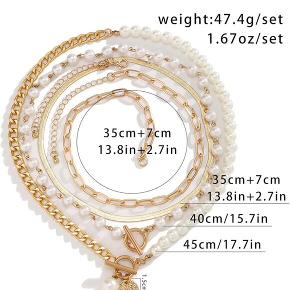 Gold Layered Necklace Set for Women Pearl Paperclip Chain Herringbone Jewelry - Picture 7 of 8